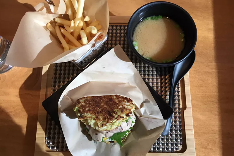 Image: The Osaka burger comes with two sides of your choice, such as fries and miso soup.