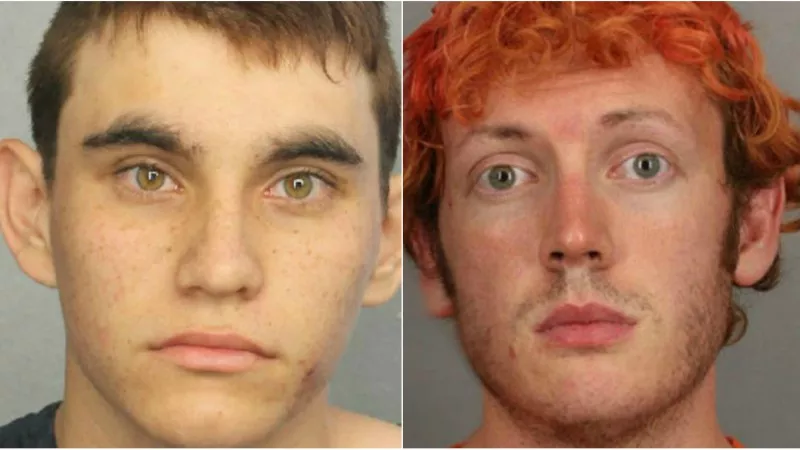 Image: Booking photos of Nikolas Cruz and James Holmes.