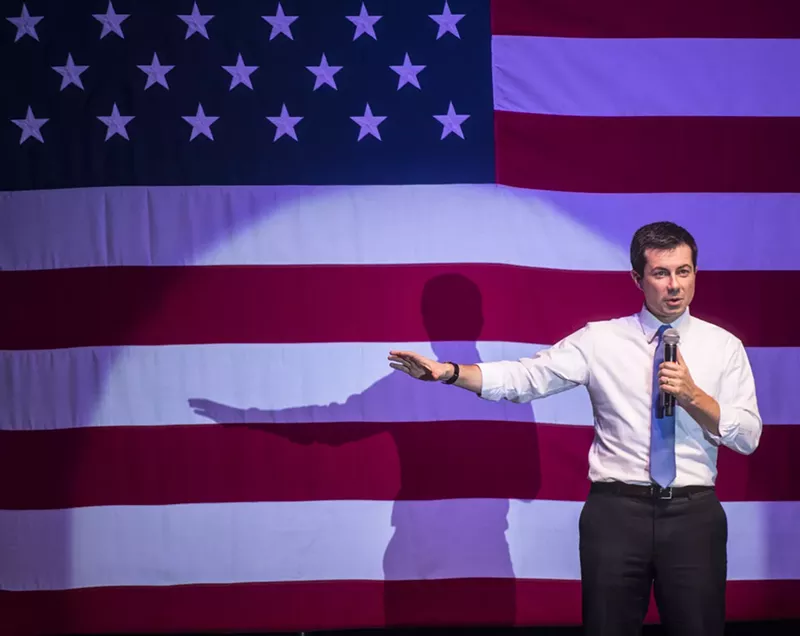 Image: Former South Bend mayor and Democratic presidential candidate Pete Buttigieg addresses a crowd of supporters in Denver.