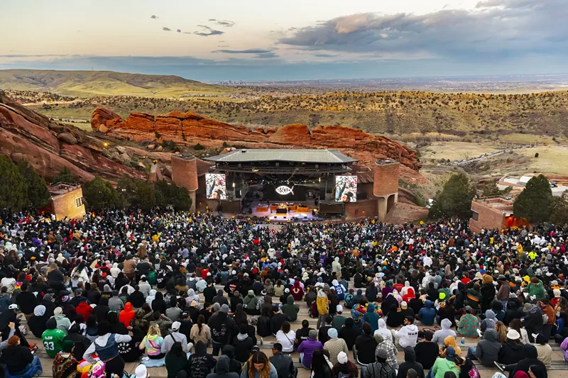 Image: A photo of Red Rocks filled with concertgoers for Wiz Khalifa on 4/20.
