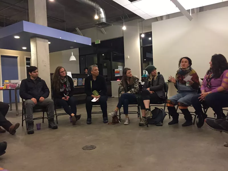 Image: At the last cypher event, the crowd created fill-in-the-blank poems and shared them with one another.