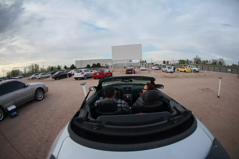 Image: Commerce City's 88 Drive-In movie theater with a blank big screen before opening season.