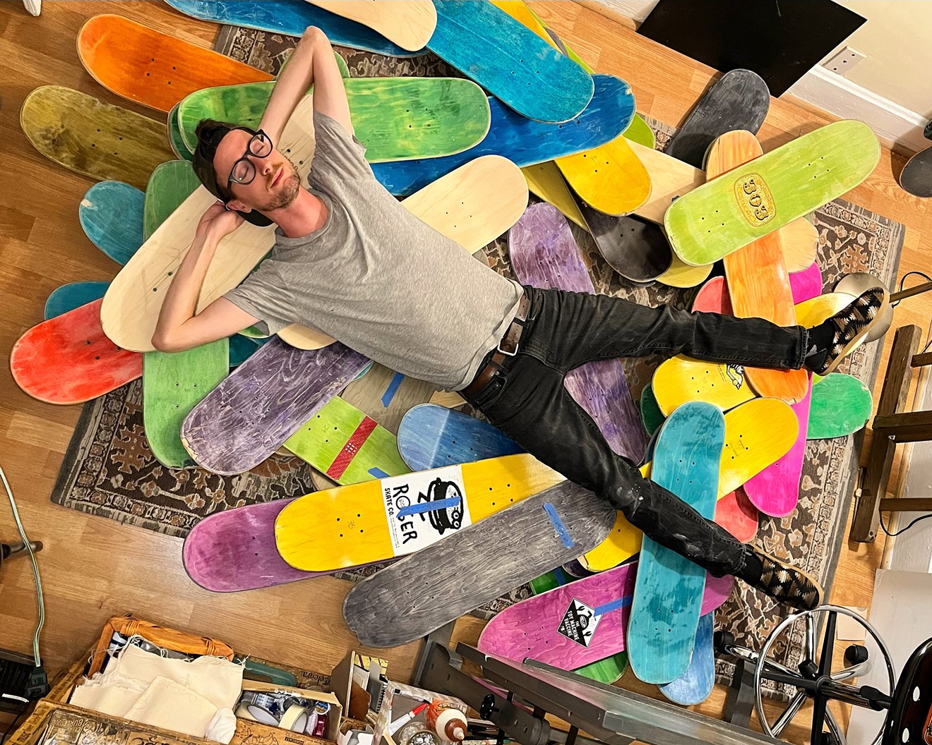 "Post processing nap": Kyle Garlock sanded each deck by hand to create the canvases for this year's event.