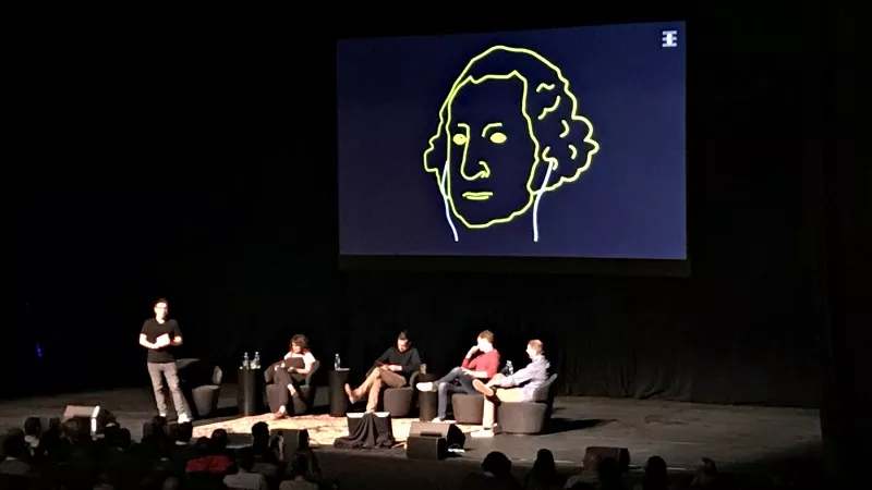 Image: Jon Lovett, Alyssa Mastromonaco, Jon Favreau, Tommy Vietor and Dan Pfeiffer (from left) on stage at the Buell Theatre as part of the Pod Save America live tour.