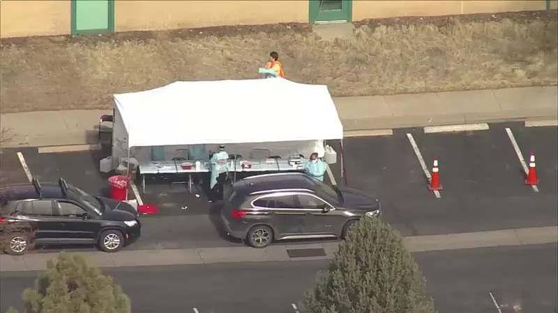 Image: Denver7's Sky Tracker captured this look at the drive-up mobile testing lab at 8100 East Lowry Boulevard.
