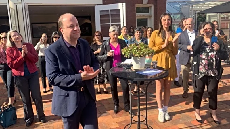 Image: Governor Jared Polis during a May 14 appearance at the kickoff for Cafecito, a gathering of Colorado Latina leaders.