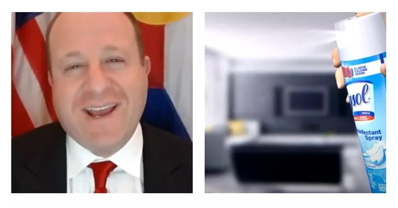 Image: During his December 2 press conference, Governor Jared Polis, who has tested positive for COVID-19, talked about using Lysol to prevent bills he's signed from infecting anyone.