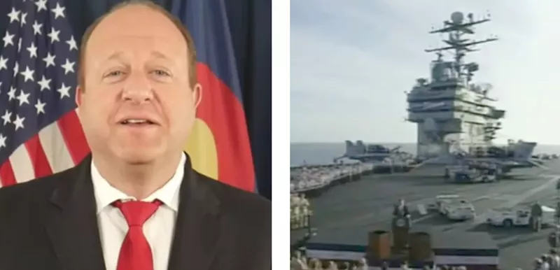 Image: Governor Jared Polis announcing the end of public-health orders against COVID-19 on July 8; then-President George W. Bush delivering his 2003 "Mission Accomplished" speech from the aircraft carrier USS Abraham Lincoln.