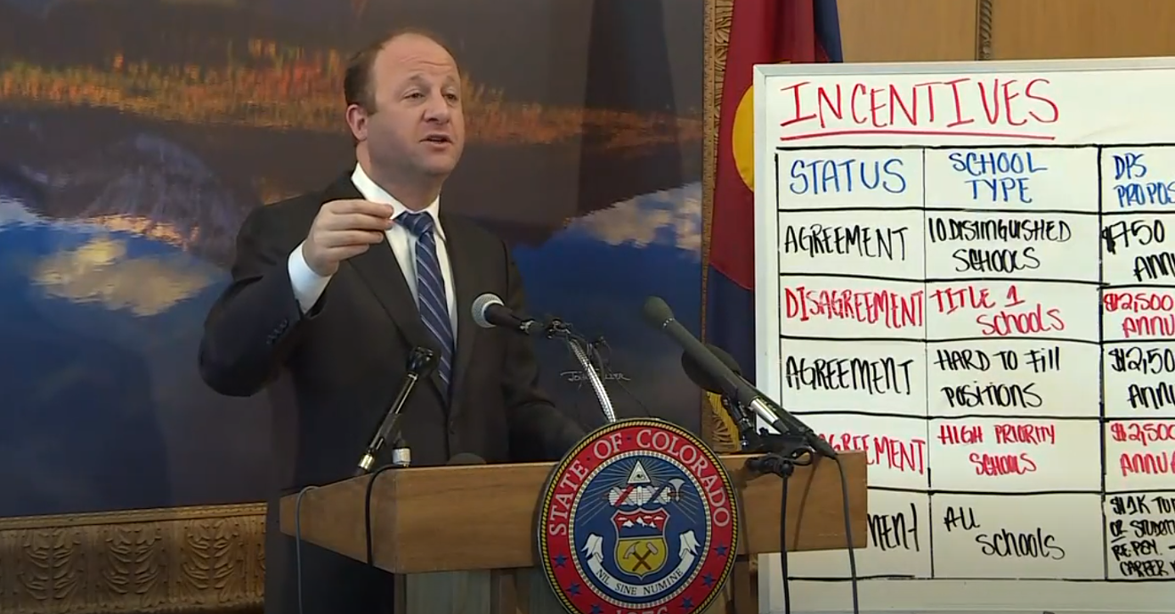 Governor Jared Polis announcing that the state will not intervene in the dispute between the teachers' union and the district.