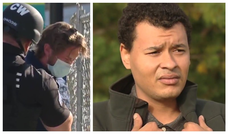 Matthew Dolloff under arrest after the October 10 shooting, and Jeremiah Elliott during an interview with CBS4.