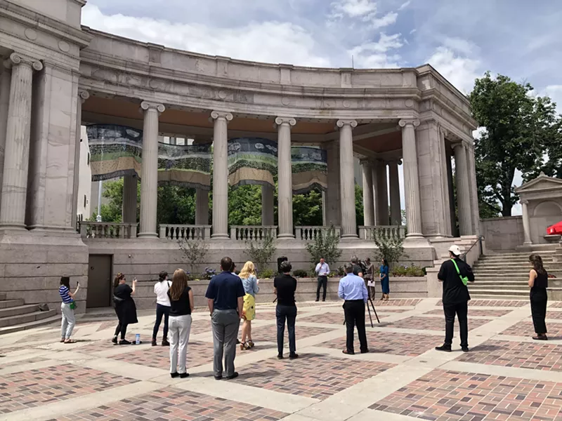 Image: Artist Theresa Clowes created this new piece, unveiled June 25 in the Greek Amphitheatre in Civic Center Park.