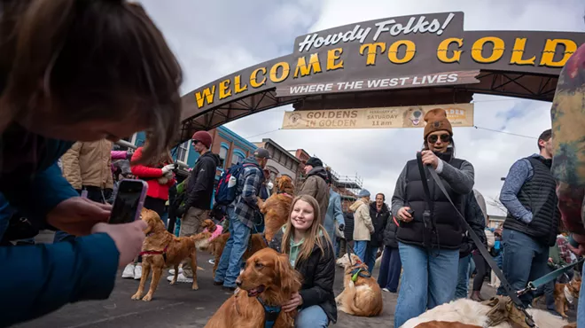 dogs and their owners under golden sign