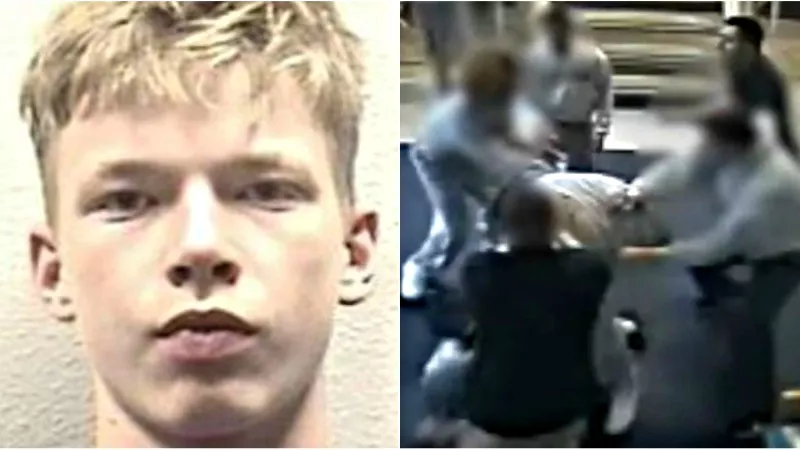 Image: A mug shot of Quinn Scaggs from before he got the word "Loyalty" tattooed over his right eye and a screen capture from footage of a recent riot at the Lookout Mountain Youth Services Center.
