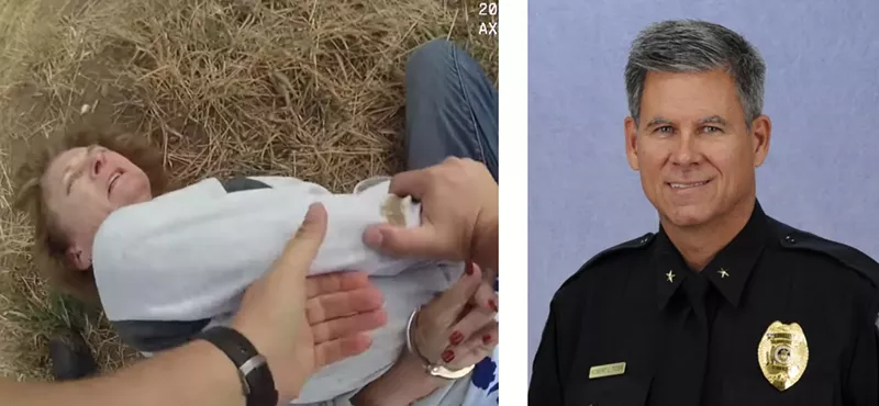 Image: A screen capture from body-worn camera video of Karen Garner's 2020 arrest and a portrait of Loveland Police Chief Bob Ticer.