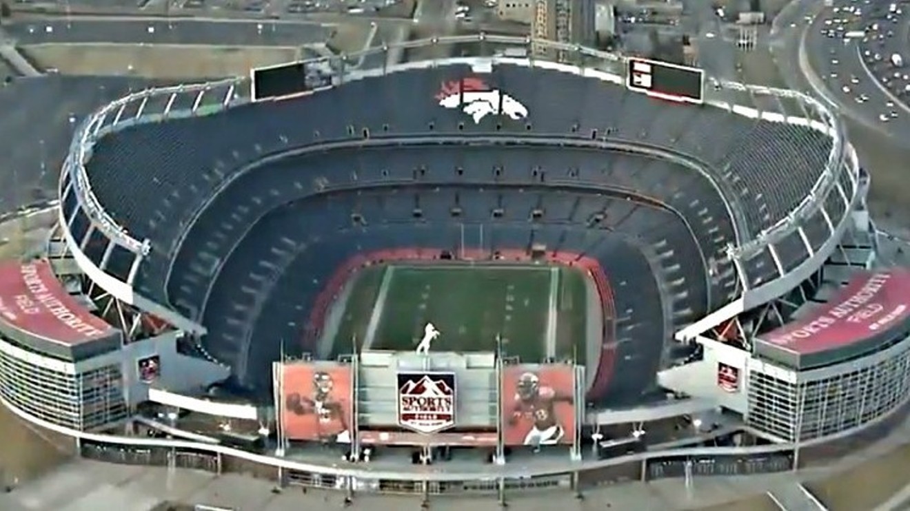 An aerial view of that stadium where the Broncos play before the Sports Authority signage came down.