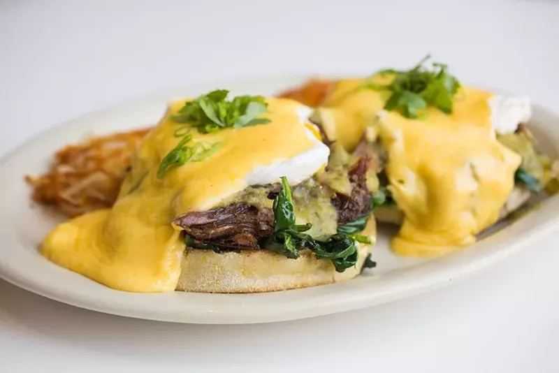 Image: Hashtag's lamb neck Benedict with green chile.