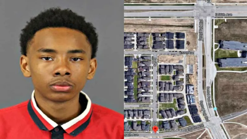 Image: A Metro Denver Crime Stoppers collage that juxtaposes a photo of the late Aiden Lawrence with an overview of the Stapleton area where his body was found.