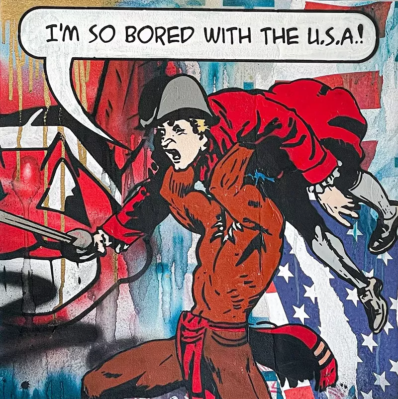 Image: Gregg Deal uses old comics as part of his exhibit.
