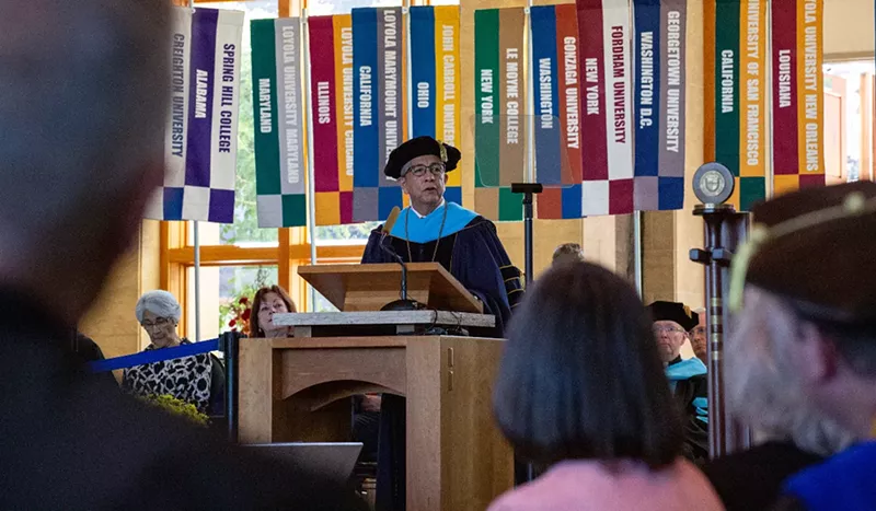 Image: Regis University President Salvador Aceves speaks during his inauguration on September 22.