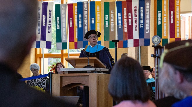Regis University President Salvador Aceves speaks during his inauguration on September 22.