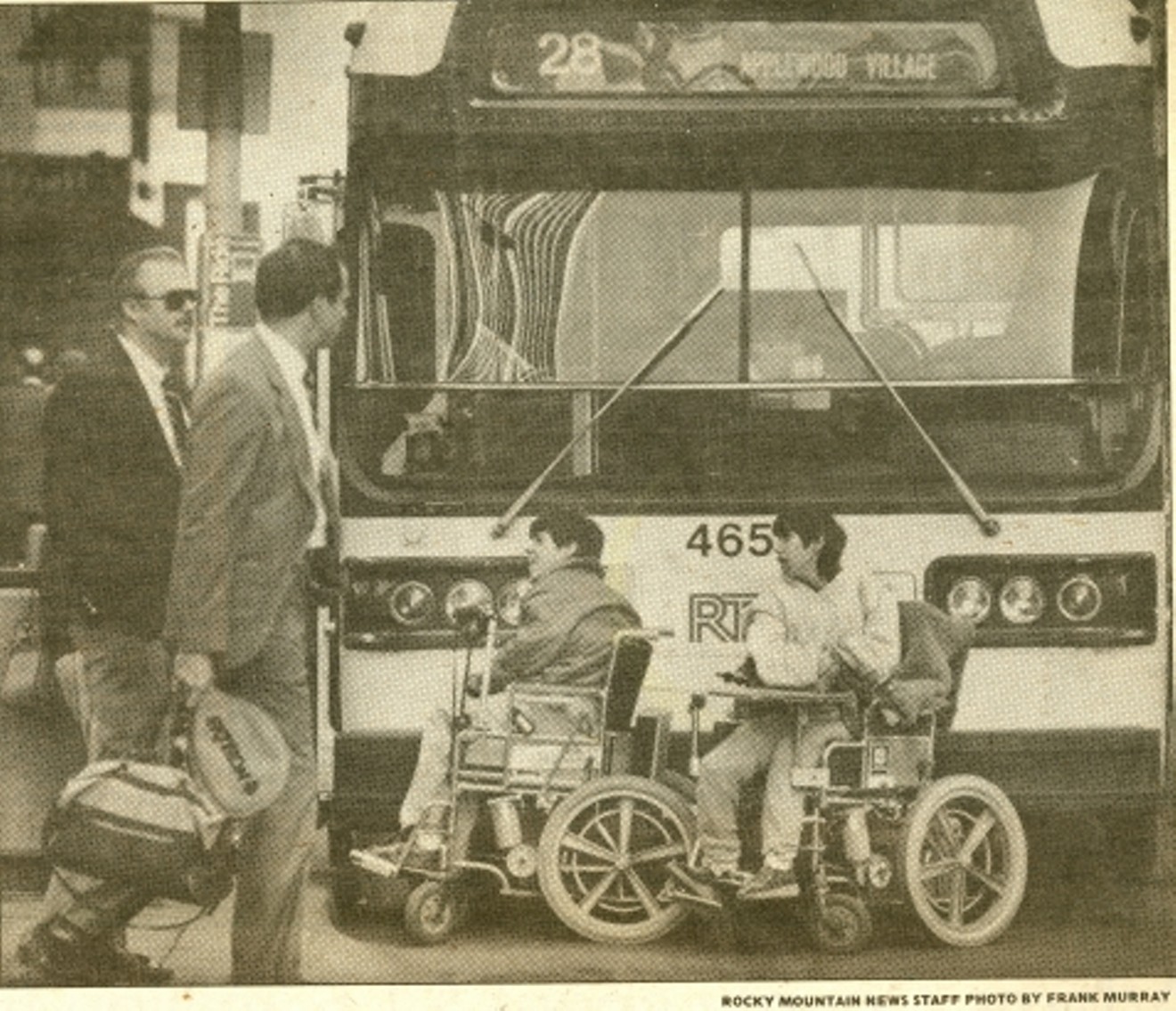 ADAPT members block a bus with their wheelchairs to protest RTD buses on February 15, 1985.