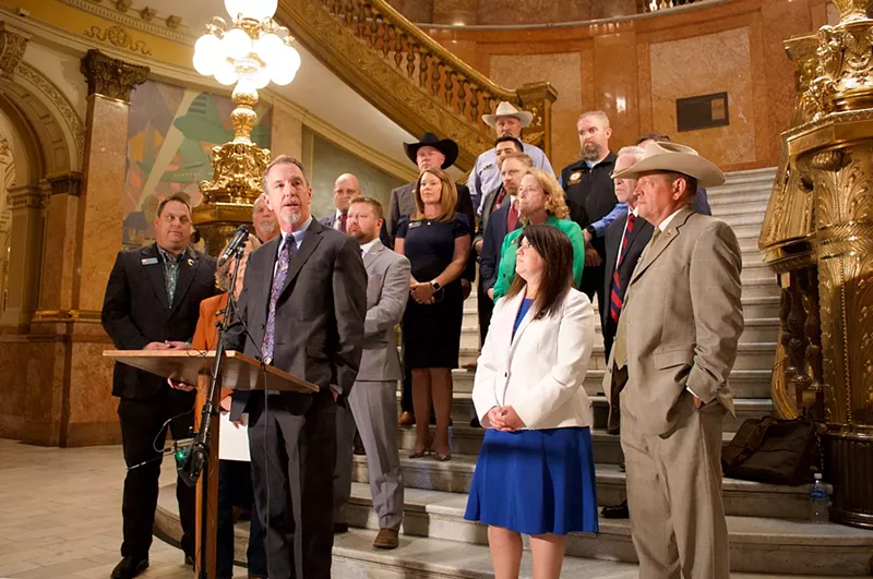 Image: Senate Minority Leader Paul Lundeen at the Colorado Capitol on October 25, 2023 urging Governor Jared Polis to call a special session to address rising property taxes during a press conference with Republican legislators.