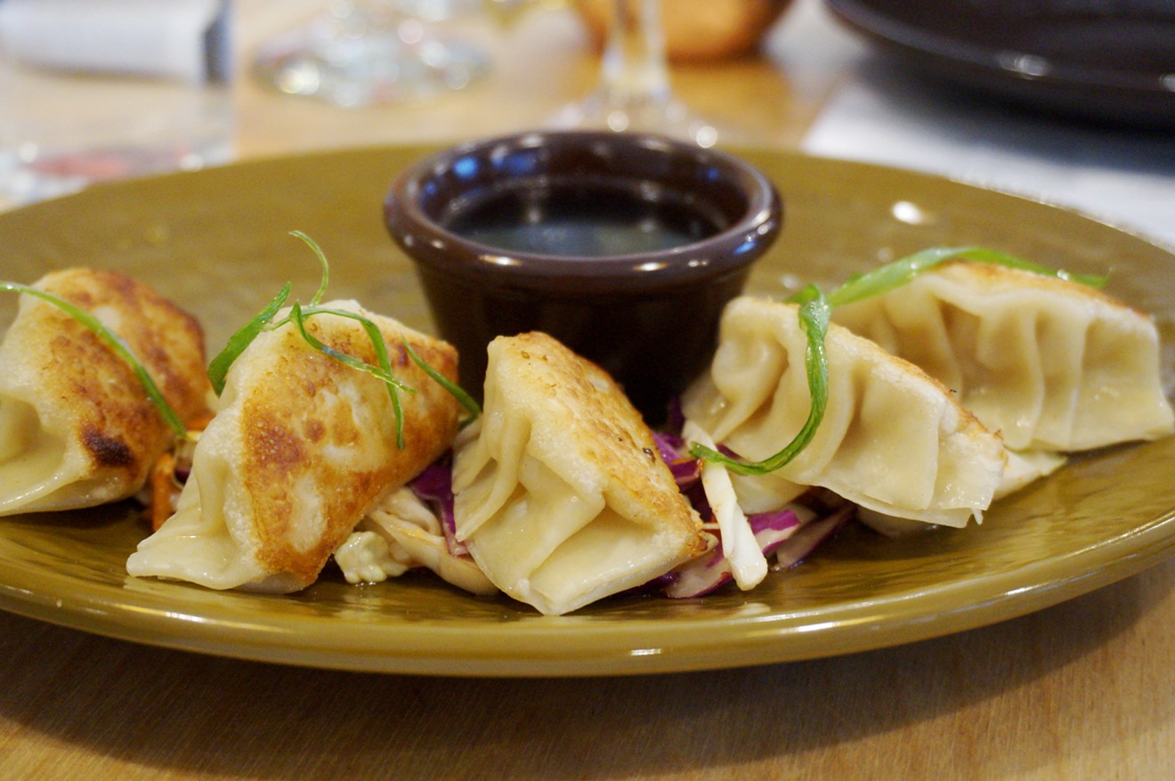 February brought Asian dishes like these chicken pot stickers at Broken Rice.