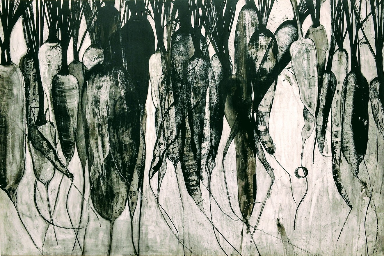 “Carrots," by Heidi Jung, charcoal, pastel and Sumi ink on Mylar.
