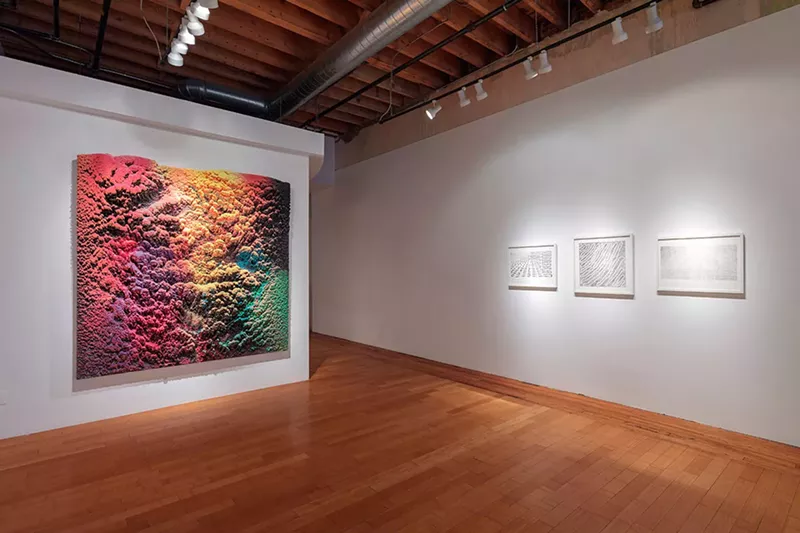 Image: "In Night,” by Dylan Gebbia-Richards, wax on panel; "Corduroy 2, The tide is high (and rising) 4" and "Corduroy 5," by Chris Oatey, carbon on paper.
