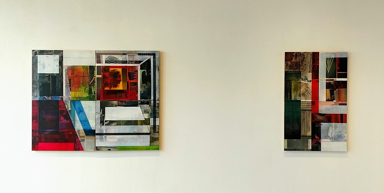 “Conspicuous” (left) and “Presumptuous,” by Teresa Booth Brown, mixed media on panel.