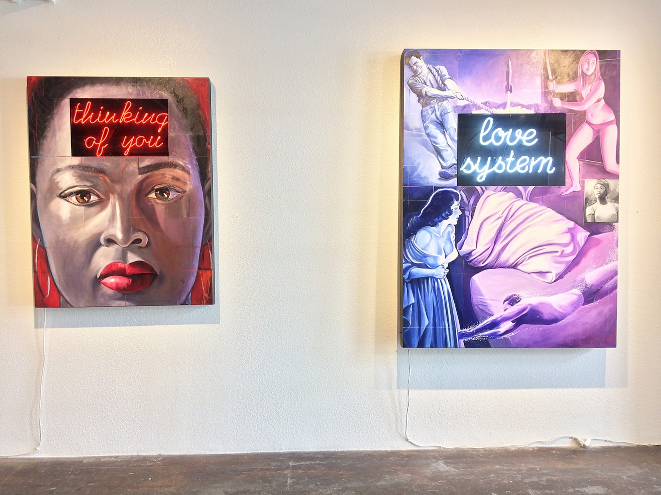 Peter Illig,“thinking of you” and “love system," oil on panel with neon.