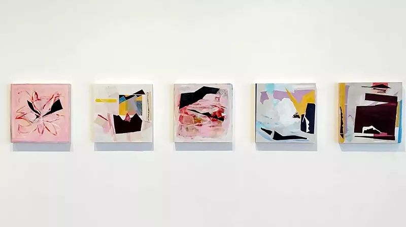 Image: Installation view of Lorelei Schott’s “Barriers and Obstacles” series, mixed media on panels.