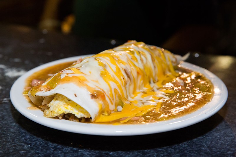 The breakfast burrito, smothered in green chile, is a year-round favorite at the 20th Street Cafe.