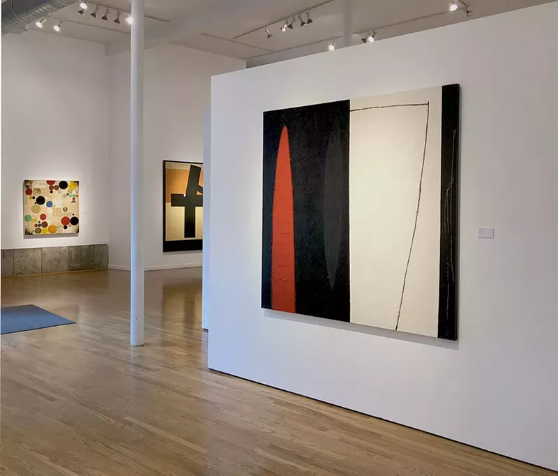 Image: Installation of Retro-Spectacle, with Emilio Lobato’s “Orinoco,” in acrylic and collage, in the foreground.