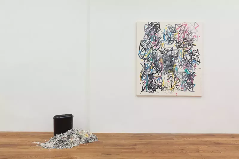 Image: Zach Reini, “Untitled (Shred it),” paper shredder and shredded paintings (left); “Deus Ex Machina 1,” acrylic and Sharpie.
