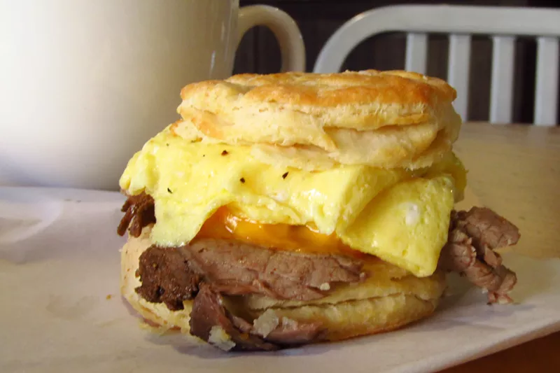 Image: The Raleigh — roast beef, cheddar and horseradish — with eggs.