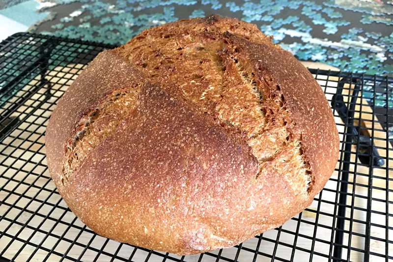 Image: Patience is rewarded with a beautiful loaf of delicious sourdough bread; this was my fourth attempt.