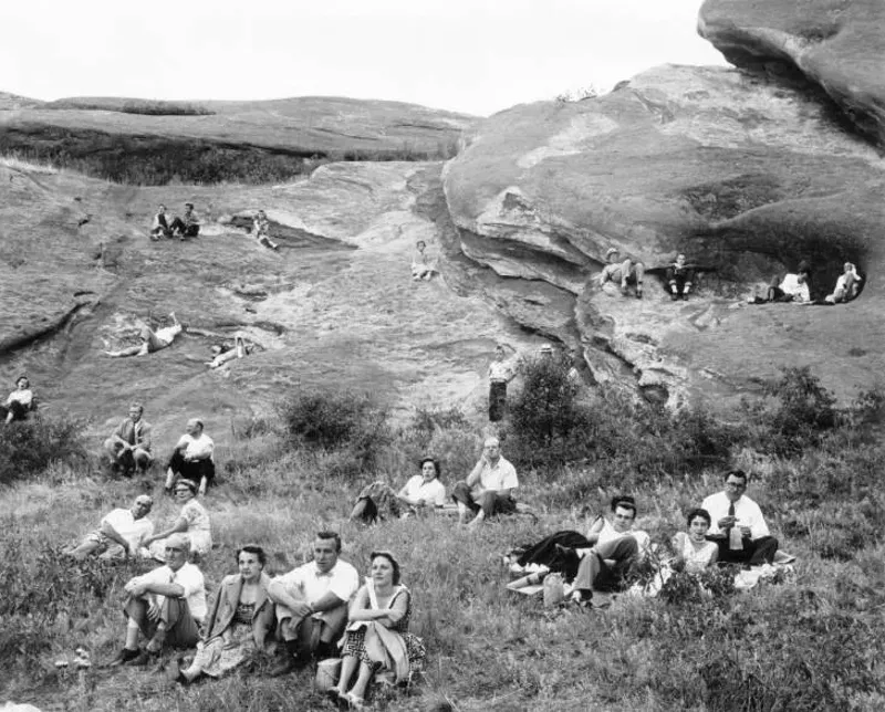 Image: It almost looks as though these early Red Rocks concert-goers, circa 1940 to 1950, are social-distancing.