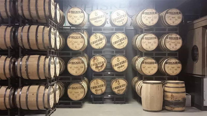 Image: Barrels of spirits aging in the Rocker distillery.