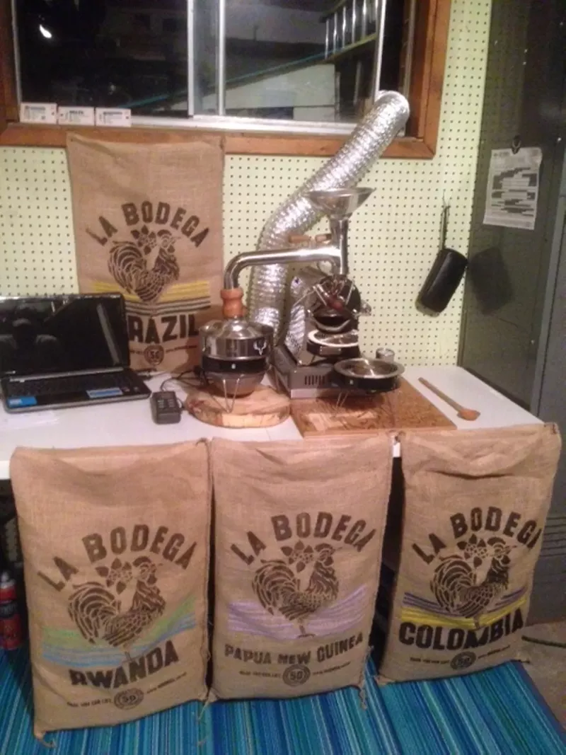 Image: Bert Davis's home roasting setup with a handmade roaster shipped from Japan.