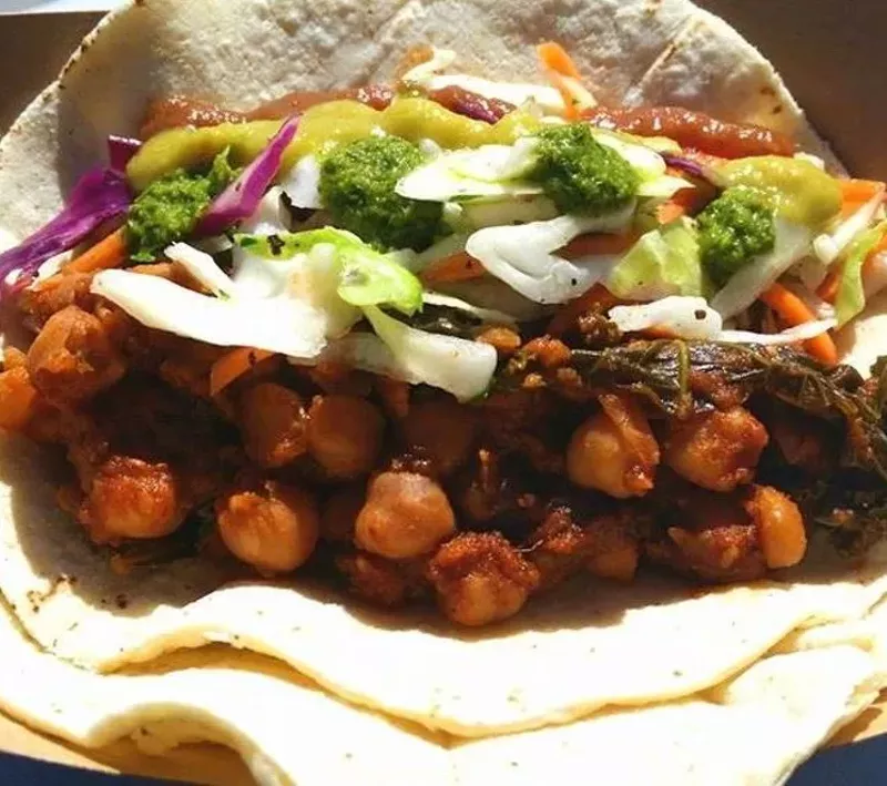 Image: Chana masala chickpea tacos are one of many Indian-inspired dishes at Roxie's.
