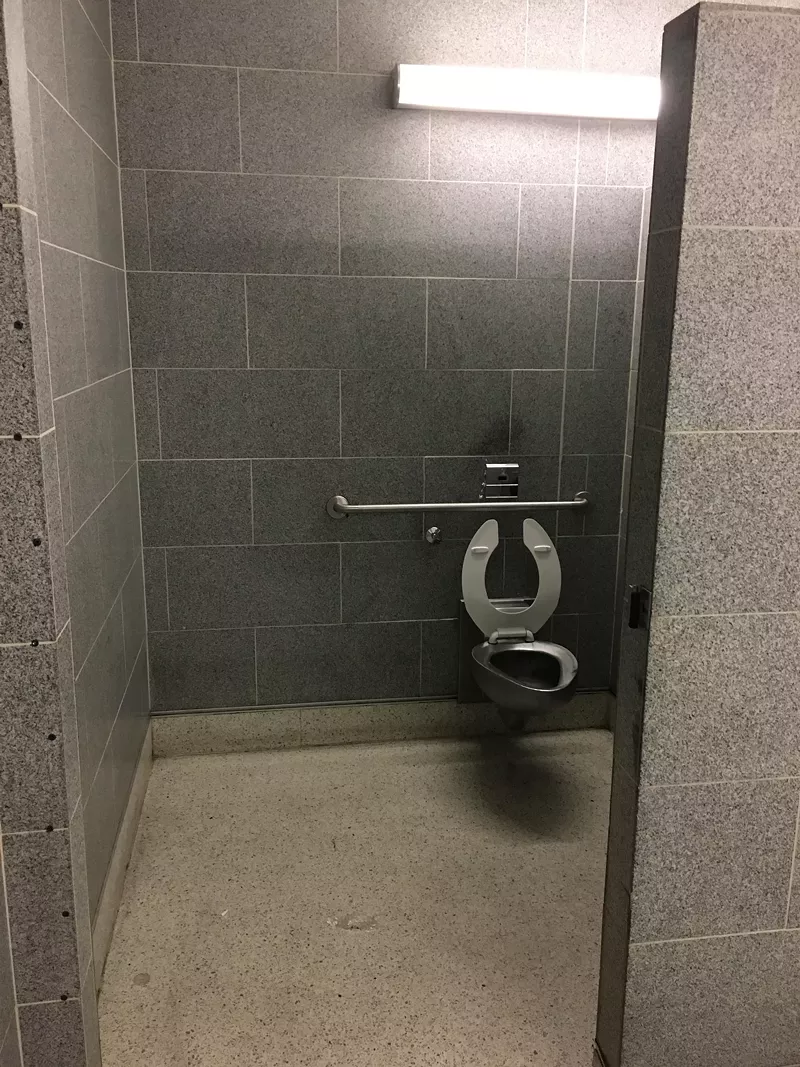 Image: The new, easy-access design for stalls in the men's restroom at Union Station's underground bus terminal.