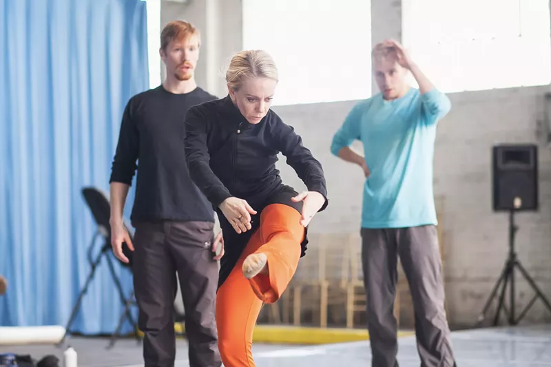 Image: Sarah Tallman rehearses her choreography with Wonderbound dancers Ben Youngstone and Evan Flood.