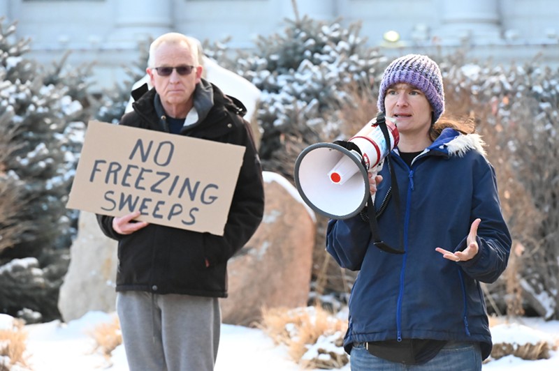 Terese Howard, the lead organizer for Housekeys Action Network Denver, at a No Freezing Sweeps rally in front of City Hall on January 16.