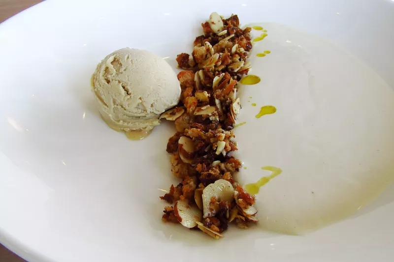 Image: The Bindery's white gazpacho includes a scoop of tahini gelato alongside chilled garlic-almond soup and an almond crumble.