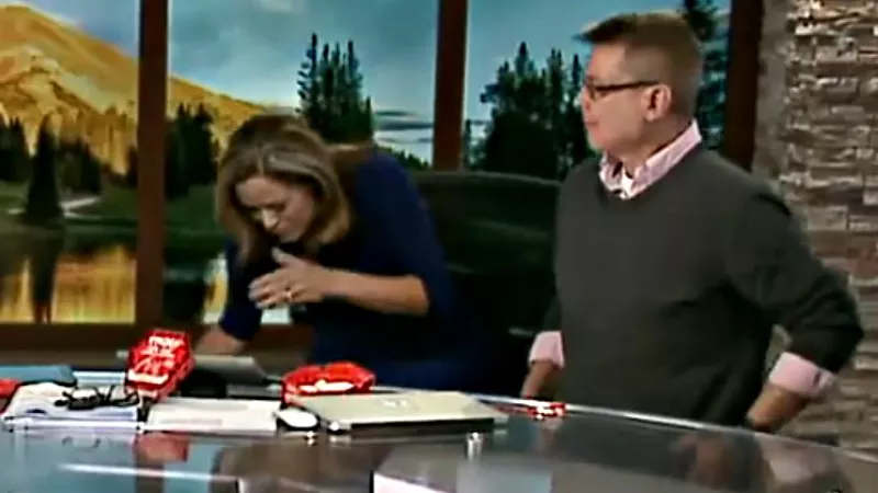 Image: Channel 2 Daybreak co-host Natalie Tysdal a moment before losing her breakfast on live TV.