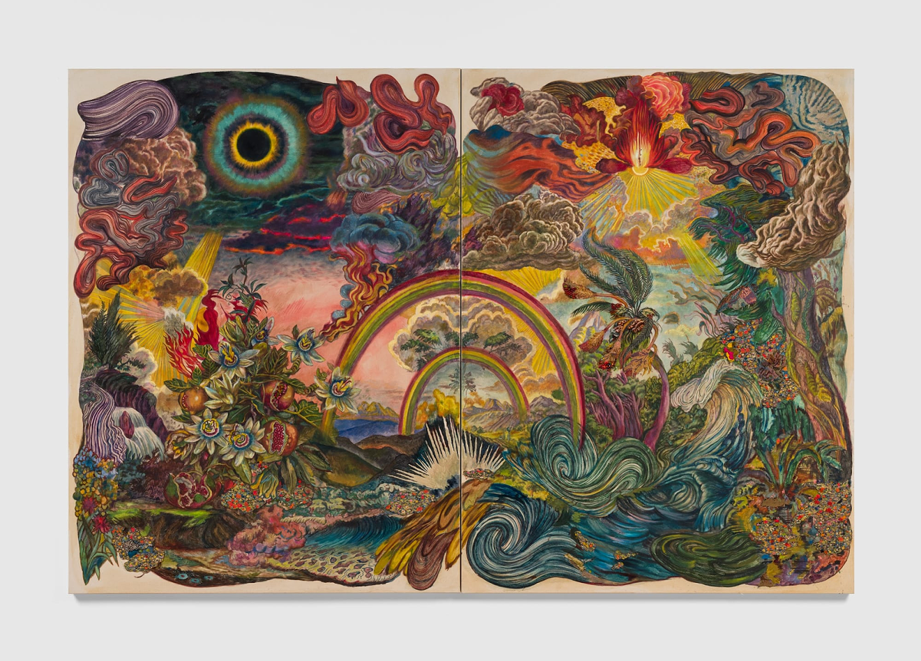 Ken Gun Min, “An eclipse does not come alone (West Lake Moon, East Lake Sun),” 2023, Korean pearl pigment, oil paint, silk embroidery, beads, and crystals on canvas.