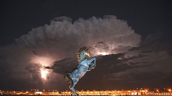 blue horse in front of airport in storm.