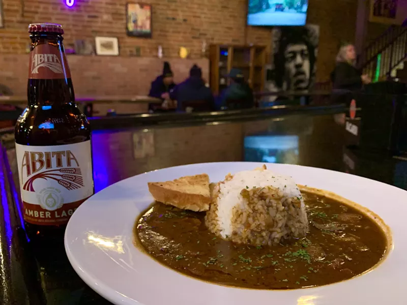 Image: Chicken and sausage gumbo pairs well with Abita's Amber Lager at Nola Jane.