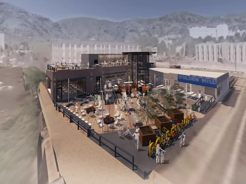 Image: A rendering of Golden Mill and its plentiful outdoor seating.